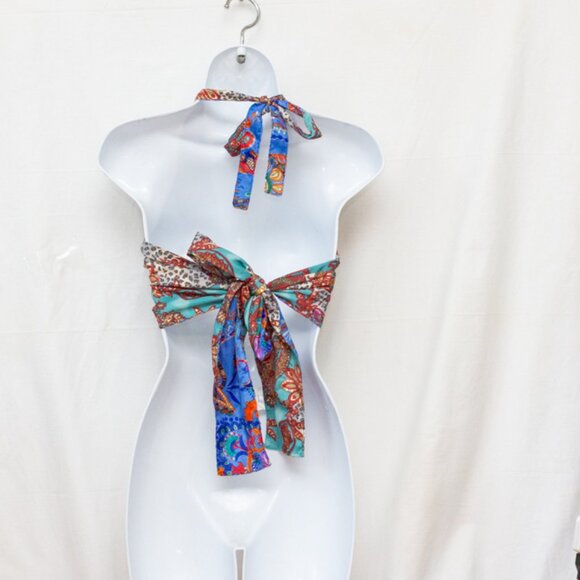 NWT Vintage Style 70s Boho Hippie Handmade Reversible Silk Tie Halter Crop Top - Picture 5 of 6
